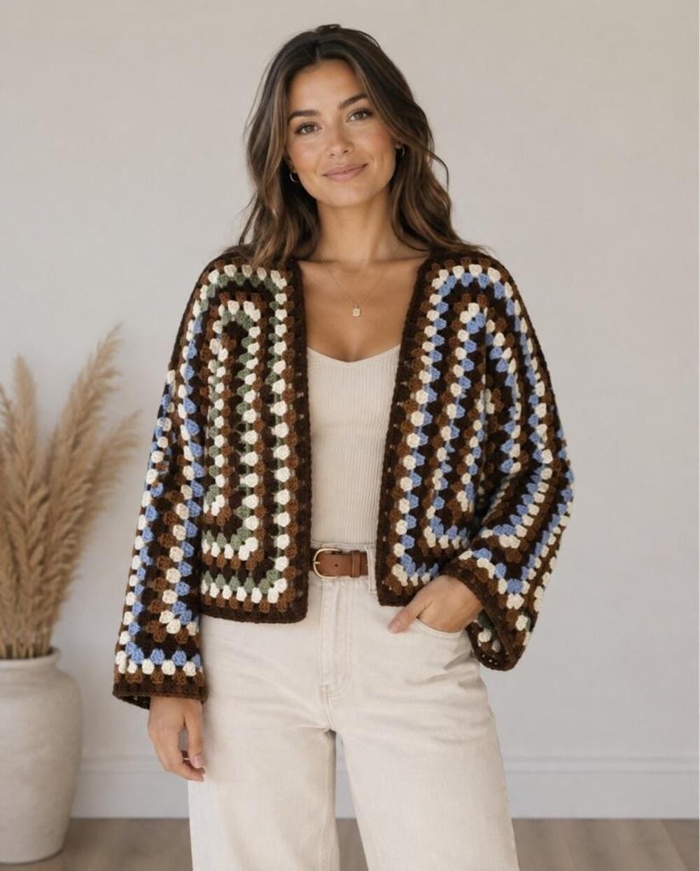 Handmade Cardigan Sweater One Size Brown Crochet Granny Square Boho Retro Hippy